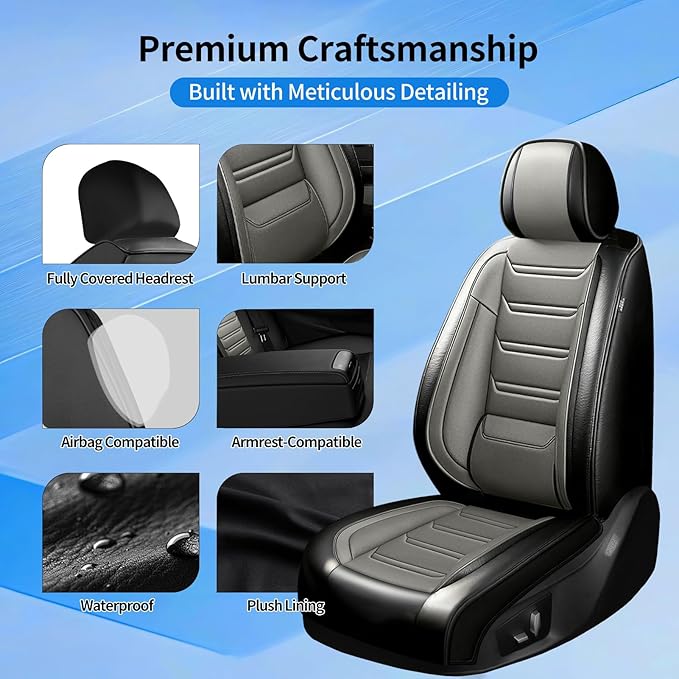 Fit Sonic Car Seat Covers for Select Chevrolet/Chevy Sonic 2012-2020, Premium Full Coverage Leather, Airbag Compatible, Waterproof All Weather Seat Cushion Protector, Front Pair Black+Gray