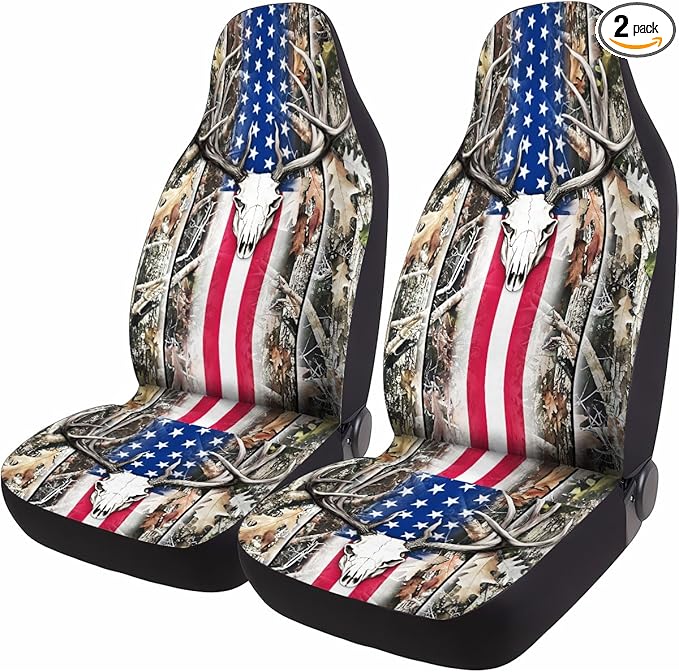 GENANY Hunting Car Seat Covers Set of 2, Deer Skull Breathable Front Seat Covers for Truck Sedan SUV, American Flag Car Accessories, Hunting Gift for Women Men