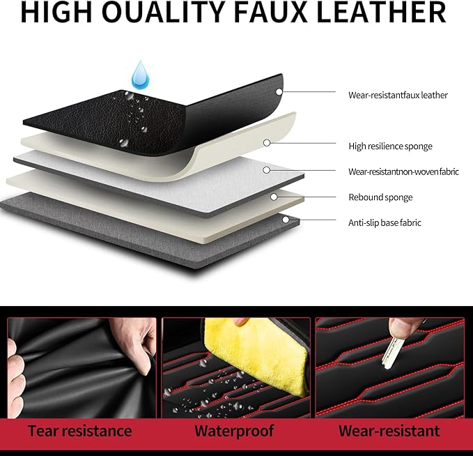 Fit Fj Cruiser Car Seat Covers for Toyota Fj Cruiser 2007-2013 2014-Upgraded Premium Waterproof & Breathable Leather, Airbag Compatible,All-Weather Seat Cushion Protector (Full Set, Black+Red)