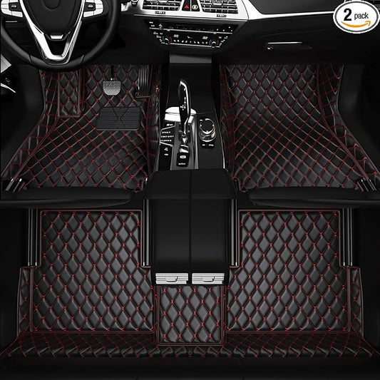 All-Weather car Floor MATS-Suitable for 99% of car Models,Leather car mat, offering Personalized Embroidery and Multiple Color Options,Provide Protection for car Rug (Black red)