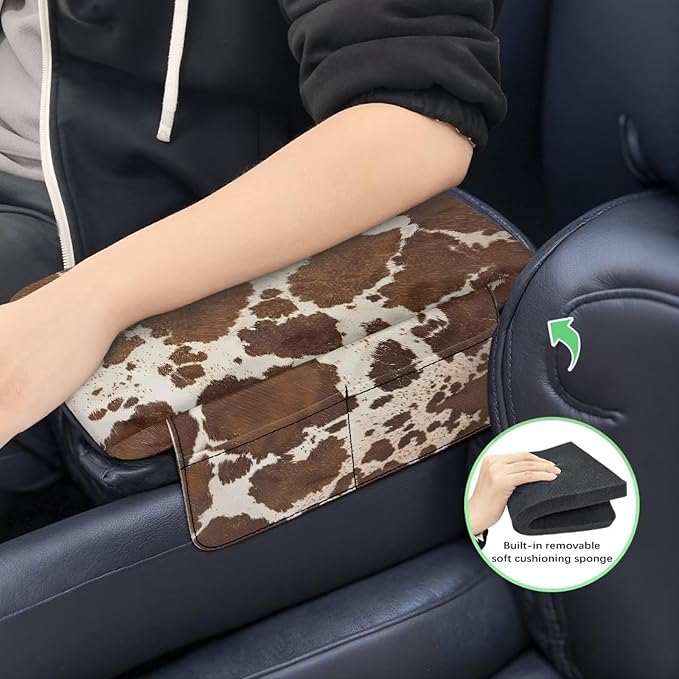 Dreaweet Brown Cow Print Center Console Cover with Pockets Thick Arm Rest Pad for Car Truck SUV Van Soft Comfortable Car Armrest Cover Center Console Cushion Pad