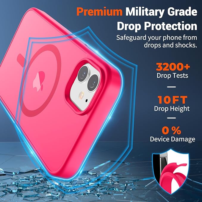 SUPFINE Magnetic for iPhone 12 Case/iPhone 12 Pro Case (Compatible with MagSafe) (Military Grade Drop Protection) Slim Translucent Matte Shockproof with Anti-Fingerprint Phone Case,Hot Pink