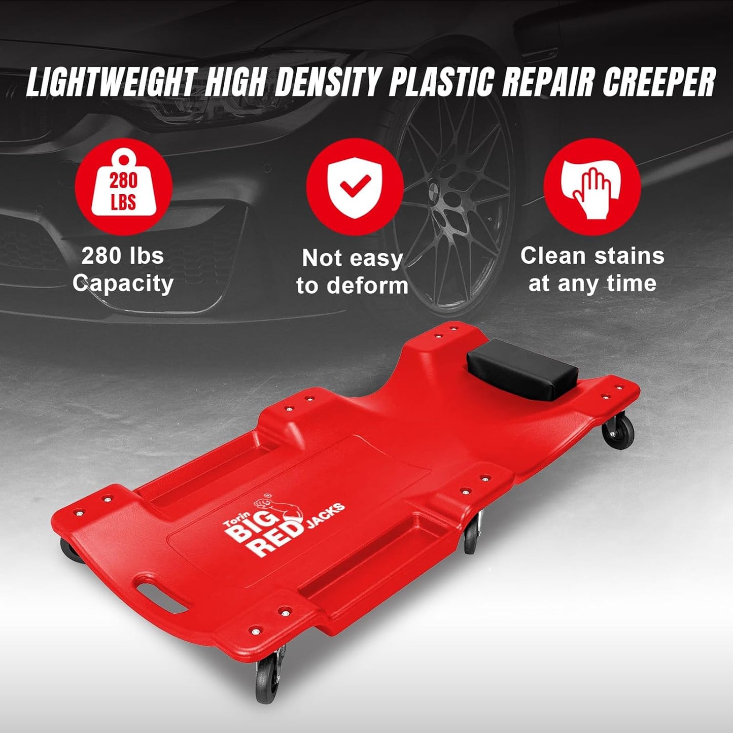 BIG RED TRP6240 Torin Blow Molded Plastic Rolling Garage/Shop Creeper: 40" Mechanic Cart with Padded Headrest, Dual Tool Trays and 6 Casters, Red