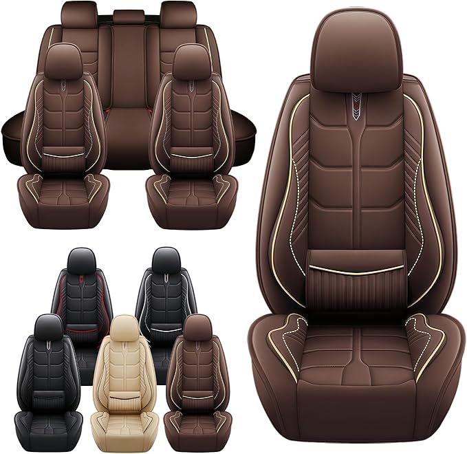 Leather Car Seat Covers Fit for Toyota Highlander 2001-2024, 5 Seater Car Seat Cover, Premium Waterproof, Scratch Resistant Car Interior Accessories (Full Set Coffee)
