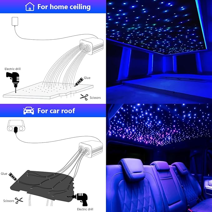 AMKI Dual Color 20W Twinkle Starlight Headliner Kit Mixed 710pcs*13.1ft Cables Fiber Optic Light Sound Activated APP/Remote Control for Car Roof Home Ceiling