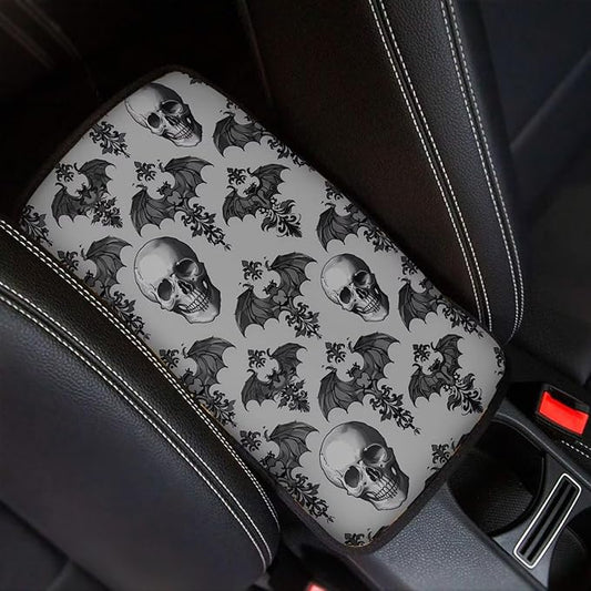 Dreaweet Gothic Car Center Console Cover Gray Bat and Skull Print Arm Rest Cover Halloween Car Accessories Interior Universal Middle Console Covers for SUV Sedan