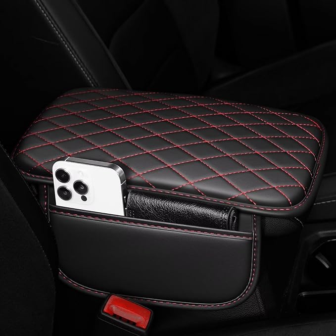 Upgraded Car Center Console Cover Fit for Avalon Faux Leather Car Armrest Cover Cushion with 2 Storage Bags,Car Armrest Storage Box Interior Accessories(Black&Redline)