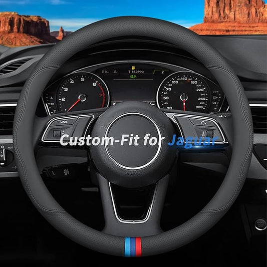 Custom-Fit for Jaguar Steering Wheel Cover, Premium Leather Car Steering Wheel Cover with Logo, Non-Slip, Breathable, for Jaguar Accessories (D-Style,for Jaguar)