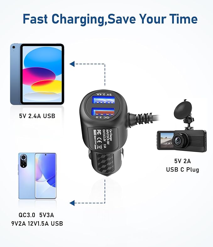 Dash Cam Charger USB C, Type C Car Charger, Dual Port Dashcam Power Adapter, Fast Charging Cord for REDTIGER F7N, Vantrue N4, WOLFBOX Dashcam (11.5FT)