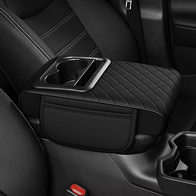 Center Console Cover Fit for Tacoma Faux Leather Car Armrest Cushion with Storage Bags, Cup Holder ＆ Phone Storage Multifunctional Middle Console Cover(Black)