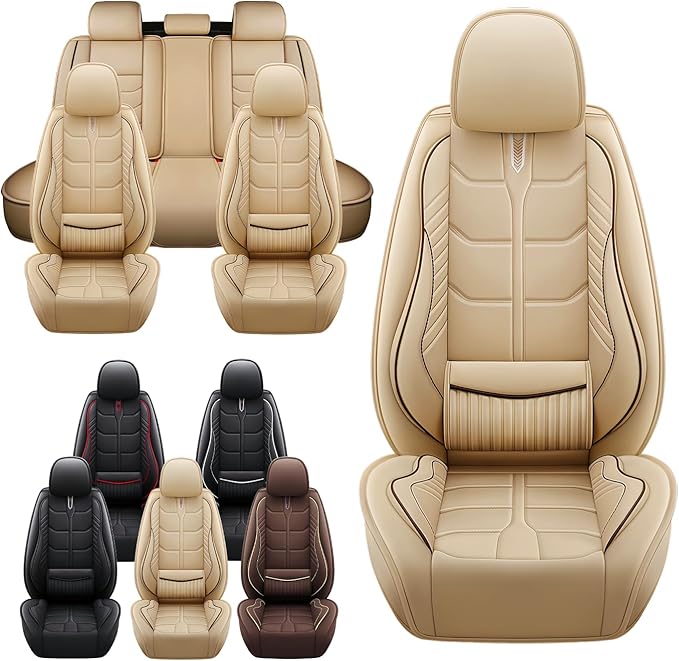 Leather Car Seat Covers Fit for Toyota RAV4 Hybrid 2016-2024, 5 Seater Car Seat Cover, Premium Waterproof, Scratch Resistant Car Interior Accessories (Full Set Beige)