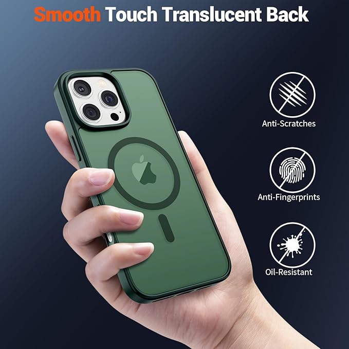 SUPFINE Magnetic for iPhone 16 Pro Max Case (Compatible with MagSafe) (Military Grade Drop Protection) Slim Translucent Matte Shockproof with Anti-Fingerprint Phone Case,Forest Green