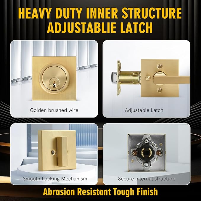 Cielsa Dawn Gold Heavy Duty Privacy Lever Door Handle and Single Cylinder Deadbolt Lock and Key Combo Pack - Locking Lever Set for Left or Right-Handed Doors - Exterior Door Levers - Satin Brass