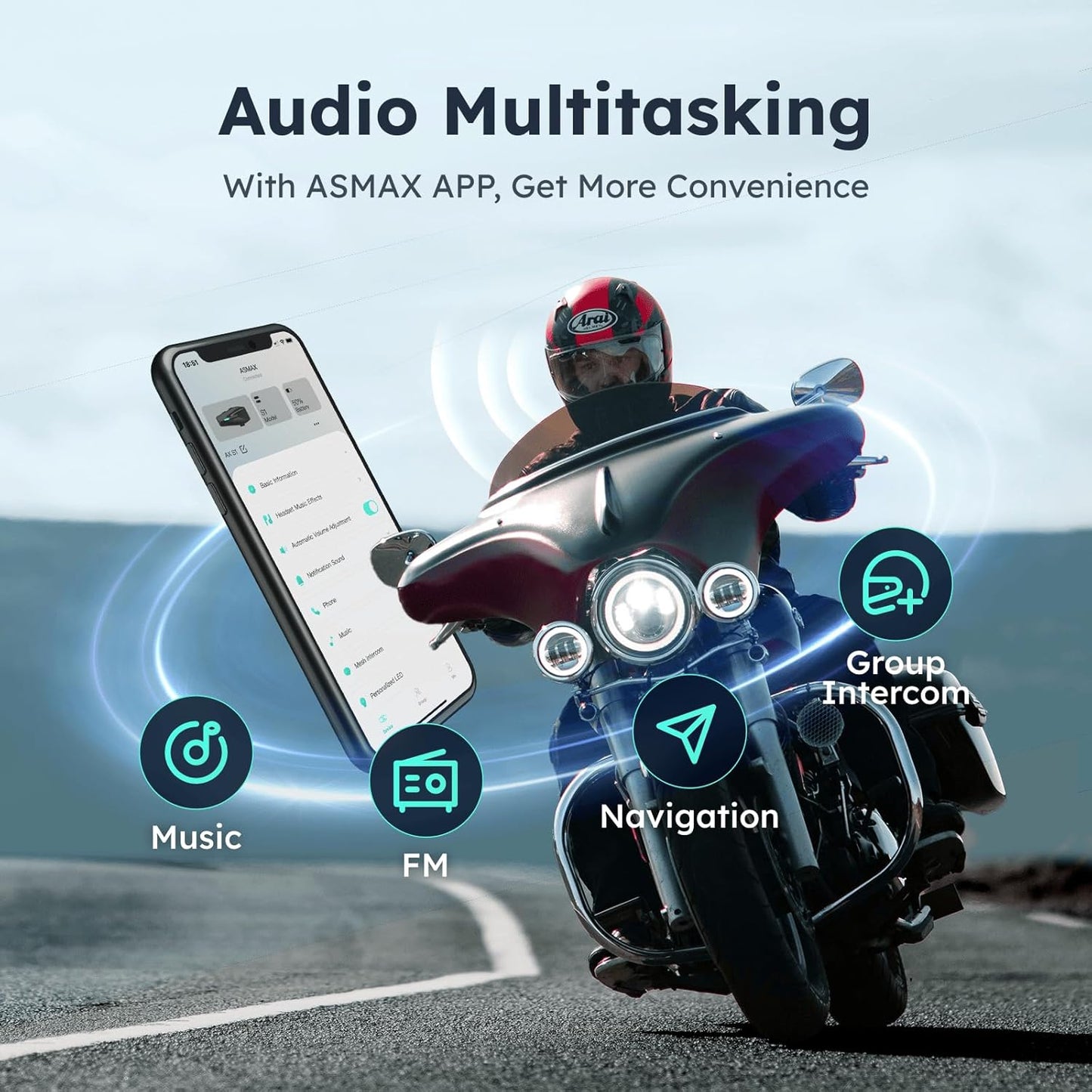 S1 Motorcycle Bluetooth Headset with 3 Intercom Modes, 8-Rider Mesh Communication, AI Voice, FM Radio, Auto Volume, Waterproof, Fast Charging for Helmet/ATV/UTV/Snowmobile, 2 Pack(Grey)