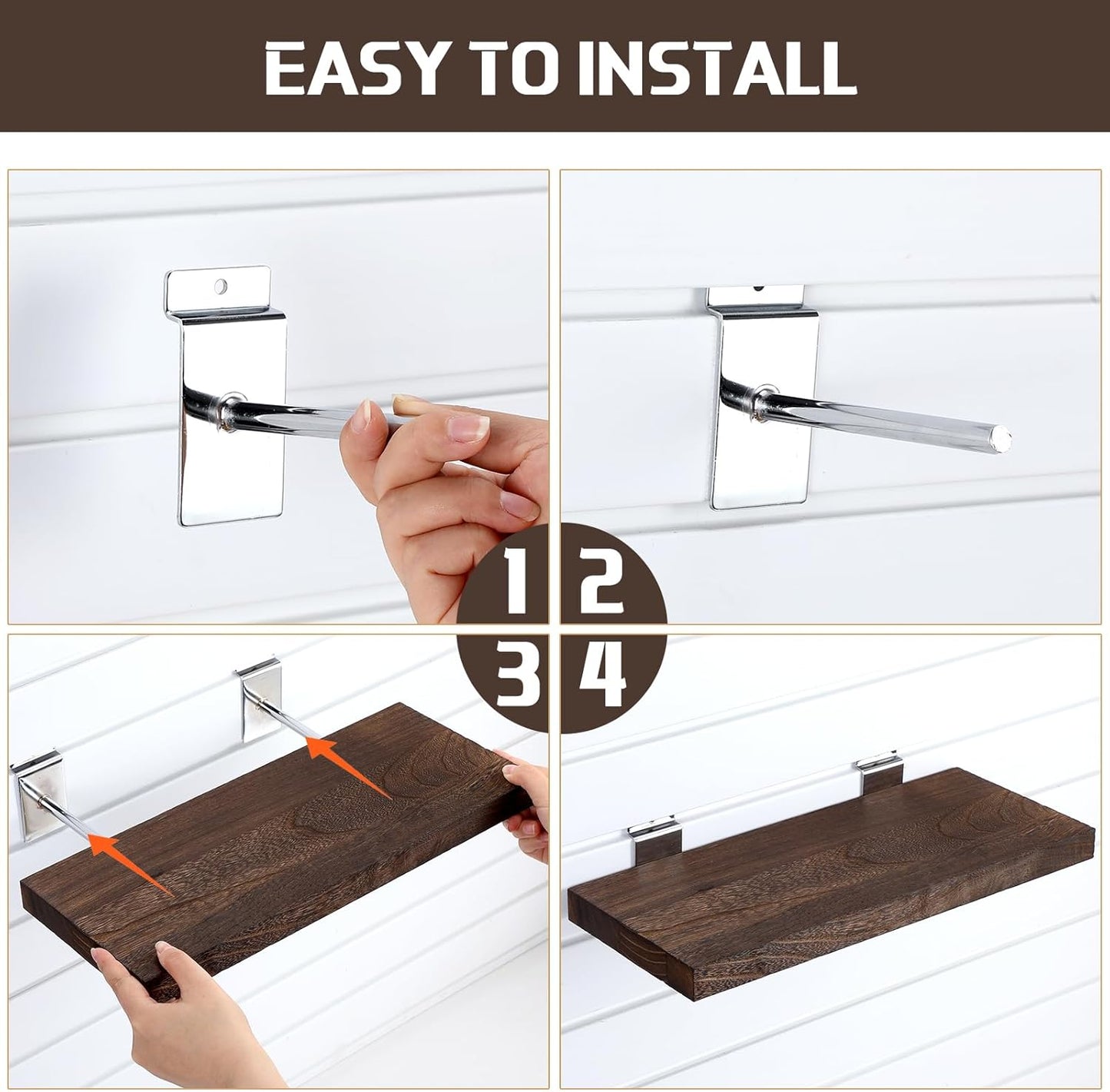 4 Pack Wooden Slatwall Shelf, 16.1" D x 6.7" W x 1.1" H Slatwall Shelves with Metal Hooks Organizer Set Mounted Accessories for Garage Home Workshop Workbench (Brown)