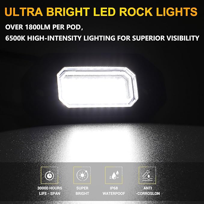 4Pods Metal Bright Pure White LED Rock Lights Kit,Per pod provided 15FT Power Cord,6500K 36LEDs Neon Underglow Light Aluminum Waterproof Fender Lights for Trucks Trailer Jeep Off Road ATV UTV
