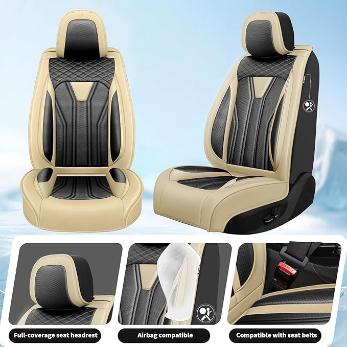 Fit Versa Car Seat Covers Compatible with Nissan Versa 2008-2025 2026 - Premium Leather， Waterproof Breathable， All-Weather Seat Cushion Protecto&Airbag Compatible (2 Front Seat Beige&Black)