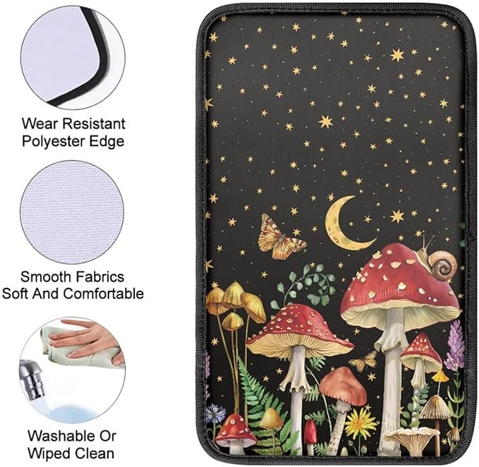 Suobstales Mushroom Snail Butterfly Moon Star Print Car Armrest Pad Soft Center Console Arm Rest Protector Cover Universal Car Interior Accessories Decoration