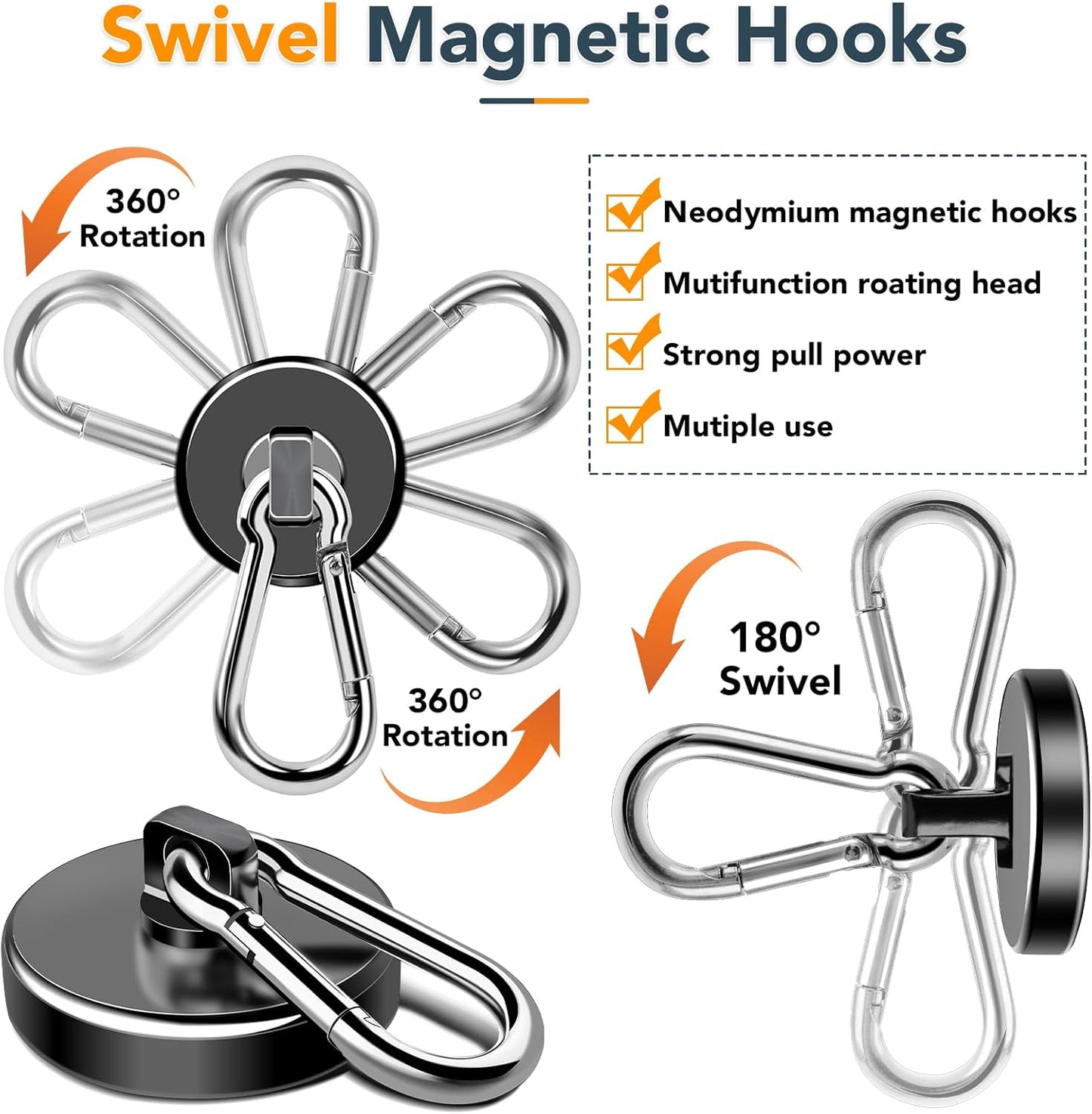 MIKEDE Strong Magnetic Hooks, 70LBS Magnetic Hooks Heavy Duty with Carabiner Hook, Strong Neodymium Magnets Hooks, Black Magnetic Hanger for Hanging, Kitchen, Grill, Locker, Cruise Ship Cabin - 3 Pack