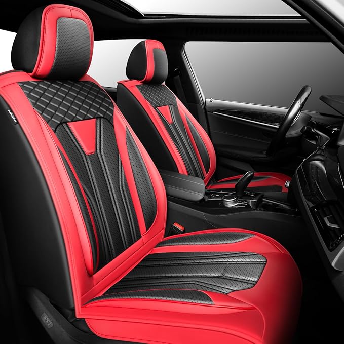 Fit Frontier Car Seat Covers Compatible with Nissan Frontier 2010-2025 2026 -Premium Leather， Waterproof Breathable， All-Weather Seat Cushion Protecto&Airbag Compatible (2 Front Seat Red&Black)