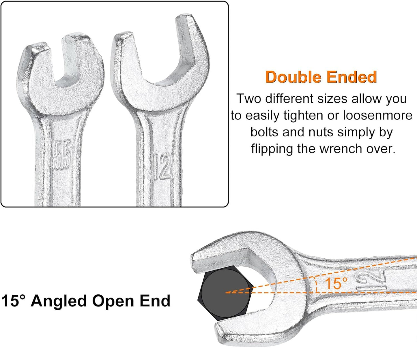 HARFINGTON 5pcs Double Open End Wrench 10mm x 12mm Metric 15 Degree Offset Angle Small Flat Head Wrench Galvanizing Open Ended Spanner for Automotive Repair Furniture Assembly