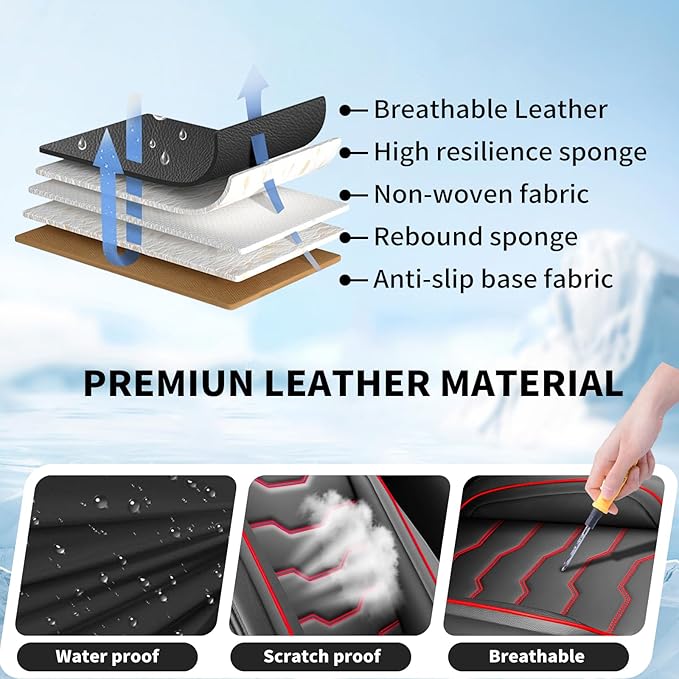 Fit Altima Car Seat Covers Compatible with Nissan Altima 2011-2025 2026 - Full Set Premium Leather， Waterproof Breathable， All-Weather Seat Cushion Protecto&Airbag Compatible（Red Line Black