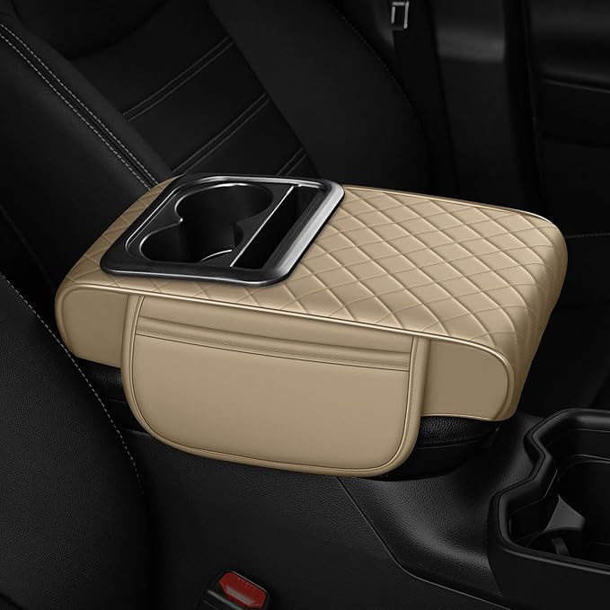 Armrest Cover for Car Fit for Jeep Wrangler - Center Console Cover with Cup Holders and 2 Storage Pockets(Beige)