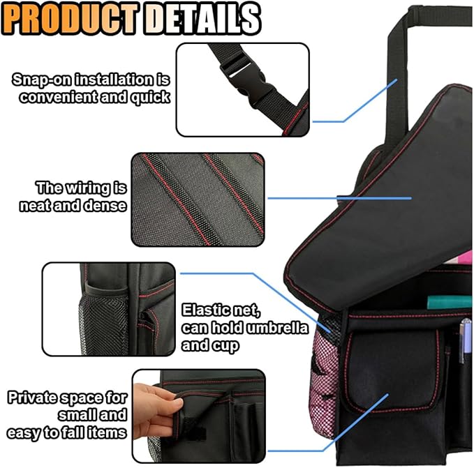 Car Front Seat Organizer, Car Backseat Organizer with Adjustable Shoulder Strap, Passenger Seat File Bag with Dedicated Laptop Tablet Holder Cup Holder for Car Law Enforcement (Black with Red Line)