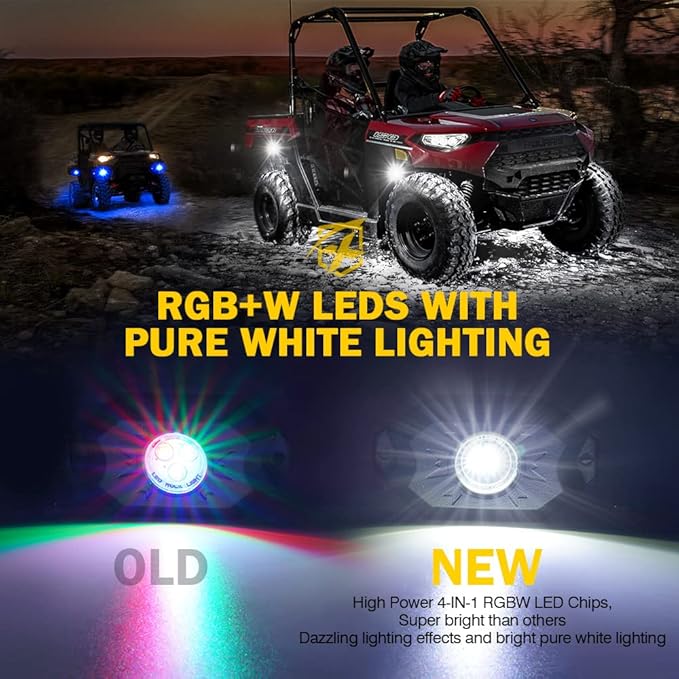 Xprite RGBW LED Rock Lights Kit with Bluetooth & Wireless Remote Controller, Multicolor Cars Underglow, Wheel, Footwell Neon Light Kits, for Off-Road UTV ATV Trucks SUV Motorcycle Boats - 10 Pods