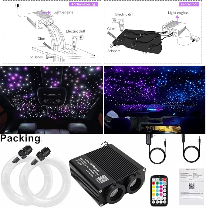 AZIMOM Dual Color 32W 1200pcs Fiber Optic Starlight Headliner Kits 0.03in 9.8ft Fiber Strands Sound-Activated APP/Bluetooth Remote Control Home Car Star Ceiling Roof Decor