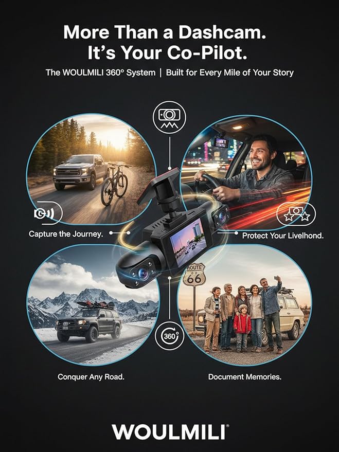 Full View Car Dashcam Wireless System 360 Car DVR WiFi 4 Channel Dash Cam Video Recorder Camera for Cars, Front and Rear Inside with Infrared Lamps Night Vision (32G)