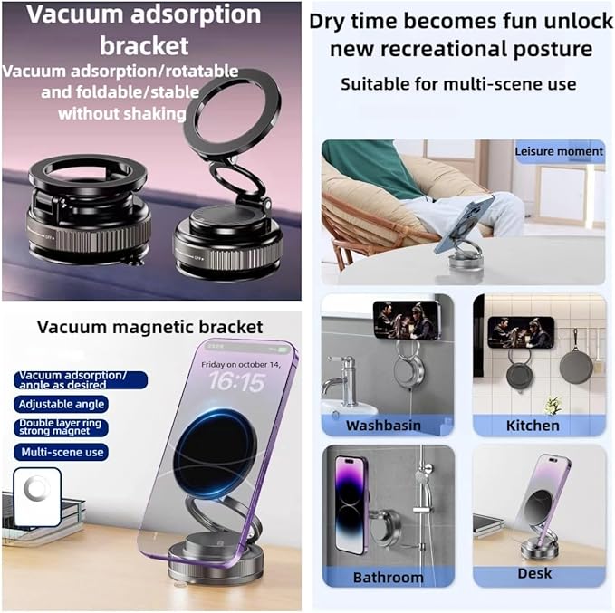 Vacuum Magnetic Car Phone Holder 360° Adjustable Foldable Portable Magnetic Phone Holder for Car for Car/Gym/Mirror/Smooth Surface Suction Cup Phone Mount Compatible for All Smartphones (Volcanic Red)