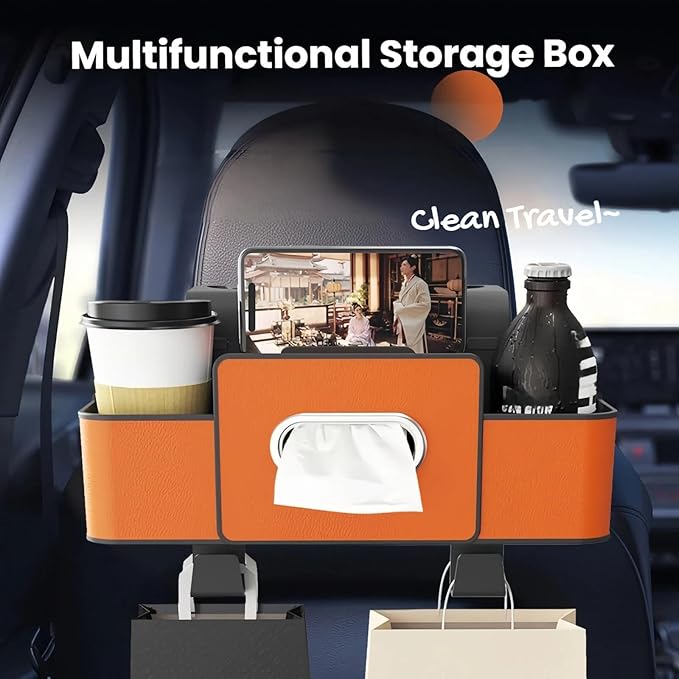 Car Organizers and Storage Box, 2026 New Multifunctional Car Seat Back Storage Box, Multifunctional Car Back Seat Storage Organizer-Carstorage Bag with 2 Cup Holders, Tissue Box, Hooks (Beige)