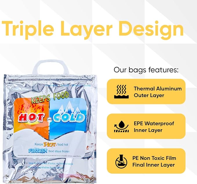 Superio Hot and Cold Insulated Bags for Food Delivery, Grocery Shopping Bags, Food Storage for Hot and Frozen Food for Travel, Disposable Cooler Bag, Reinforced Thermal Lunch Bag (1, 12"x13.5")