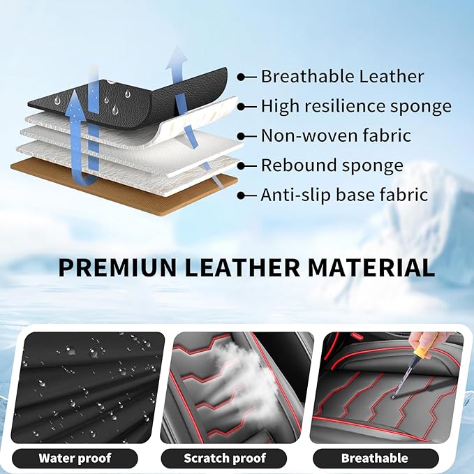 Fit Kona Car Seat Covers for Select Hyundai Kona 2018-2025 2026. Premium Leather, Waterproof， Breathable, Scratch-Resistant & All-Weather Seat Cushion Protector (Full Set, Red Line Black)