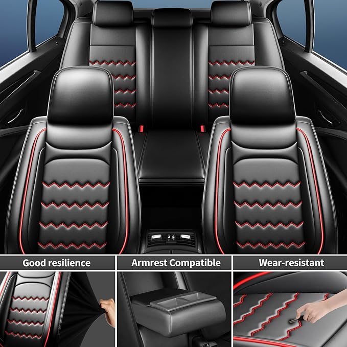 CX-50 Car Seat Covers Fit for Mazda CX-50 2023-2026, Full Coverage Premium Leather Waterproof Breathable Seat Covers, Automotive Seat Protectors, Airbag Compatible(Full Set Seats, Black & Red)