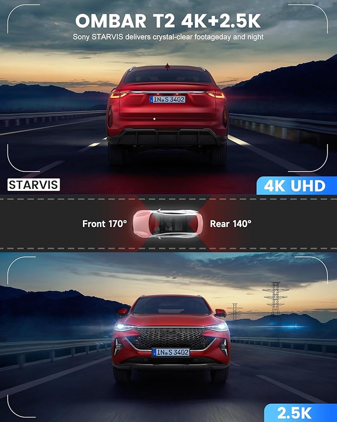 OMBAR Dash Cam Front and Rear, 4K/2.5K Ultra HD Dash Camera for Cars, Included 64GB Card, Built-in 5G Wi-Fi & GPS, 3.16” IPS Screen, Night Vision, 170°Wide Angle, HDR, 24H Parking Mode(T2)