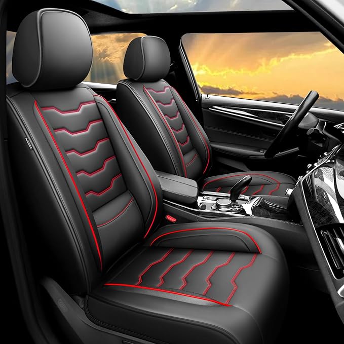 Fit Rogue Car Seat Covers Compatible with Nissan Rogue 2011-2025 2026 - Full Set Premium Leather， Waterproof Breathable， All-Weather Seat Cushion Protecto&Airbag Compatible（Red Line Black
