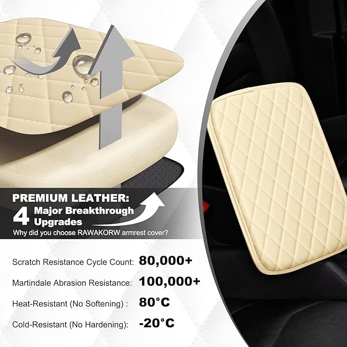 Upgraded Car Center Console Cover Fit for Venza Faux Leather Car Armrest Cover Cushion with 2 Storage Bags,Car Armrest Storage Box Interior Accessories(Beige&Whiteline)