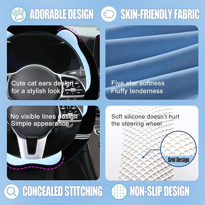 Furry Cute Steering Wheel Cover, Soft Fluffy Short Plush Auto Accessories, Non-Slip Cold-Proof Sweat-Proof Colorfast, Universal 15 inch(Black with Blue)