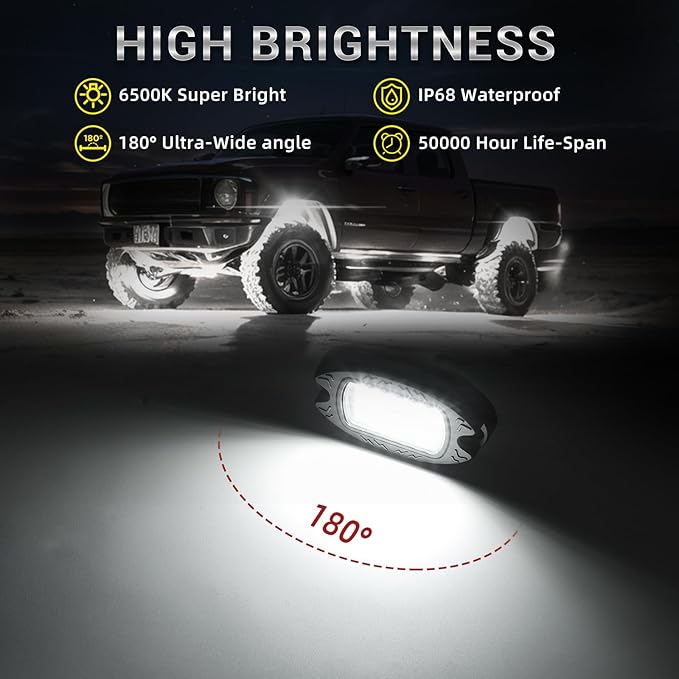 16 Pods Alloy Pure White LED Rock Lights for Semi Trucks Trailer Pickup Offroad, Plug and Play with Pre Wired Harness&Switch, 384-LEDs 6500K Aluminum Metal Underglow Kit 12V Waterproof Shockproof