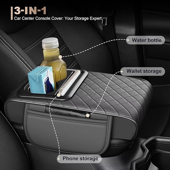 Center Console Cover Fit for Tacoma Faux Leather Car Armrest Cushion with Storage Bags, Cup Holder ＆ Phone Storage Multifunctional Middle Console Cover(Grey)