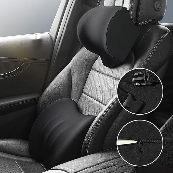 Car Headrest & Lumbar Support Cushion for Hyundai Santa Fe 2010-2023, Ergonomic Car Seat Headrest Memory Foam Neck and Back Pillow Kit Breathable Removable for Driving Fatigue Relief