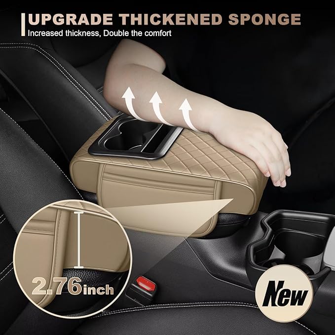 Center Console Cover Fit for RAV4 Faux Leather Car Armrest Cushion with Storage Bags, Cup Holder ＆ Phone Storage Multifunctional Middle Console Cover(Beige)