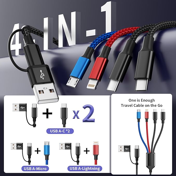 6FT 2Packs Travel 4 in 2 Charging Cable with Dual Type-C Ports, USBA/C Multi Charging Cable for Multiple Devices, Tinned Copper Universal Car Charger for iPhone17-12, Android Tablet Pad and More