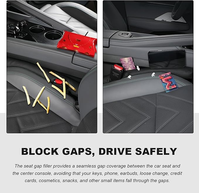 2PCS Leather Car Seat Gap Filler, No-Drop Seat Side Gap Plug Crevice Blocker with Securing Strap, Elastic Filler Block The Gap Between Seats & Console for Truck SUV Sedan (Beige)