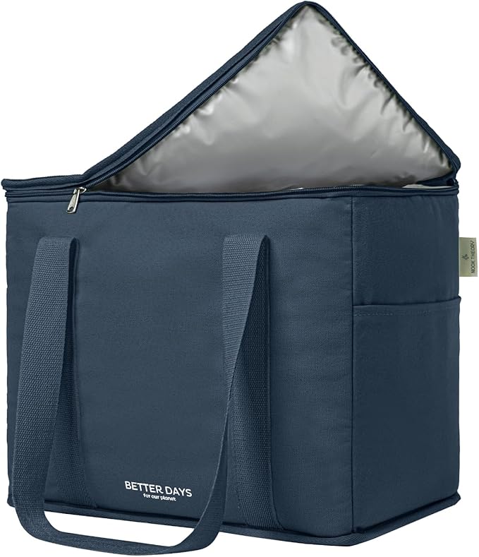 Nook Theory Reusable Insulated Grocery Bag - Leak Proof, X Large Cooler Bag - Insulated Shopping Bags for Groceries - Travel Cooler Bag for Frozen and Hot Food with Zippered Top (Deep Blue)
