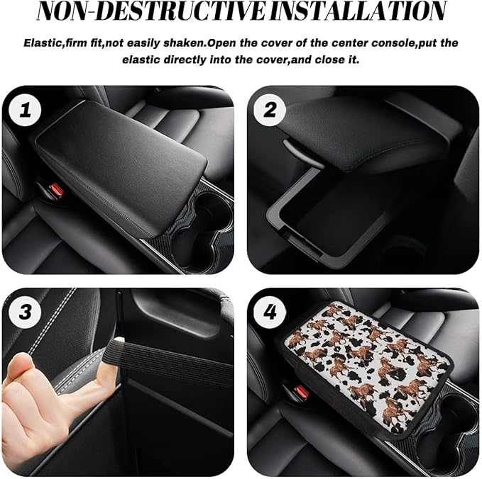 Horses Cow Spot Print Center Console Covers for Cars Wear-Resistan Vehicle Armrest Cover Pad Waterproof Box Cover Protector Armrest Cover Center Console Pad