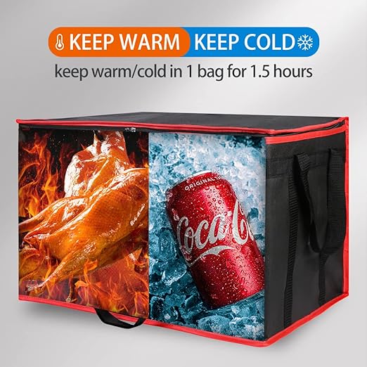 Bodaon 2-Pack Insulated Food Delivery Bag for Hot and Cold Meal, XXX-Large Shopping Cooler Bags, Grocery Tote Insulation Bag for Catering, Pizza Warmer, Black with Red Edge
