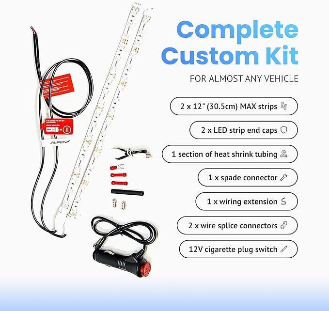 Alpena MAX LED Light Strip Starter Kit – EZ-Link Modular 12V Plug-and-Play Lighting for Cars & Trucks, Interior/Exterior Stick-On Light Bars, 2×12” Weatherproof Strips, Amber